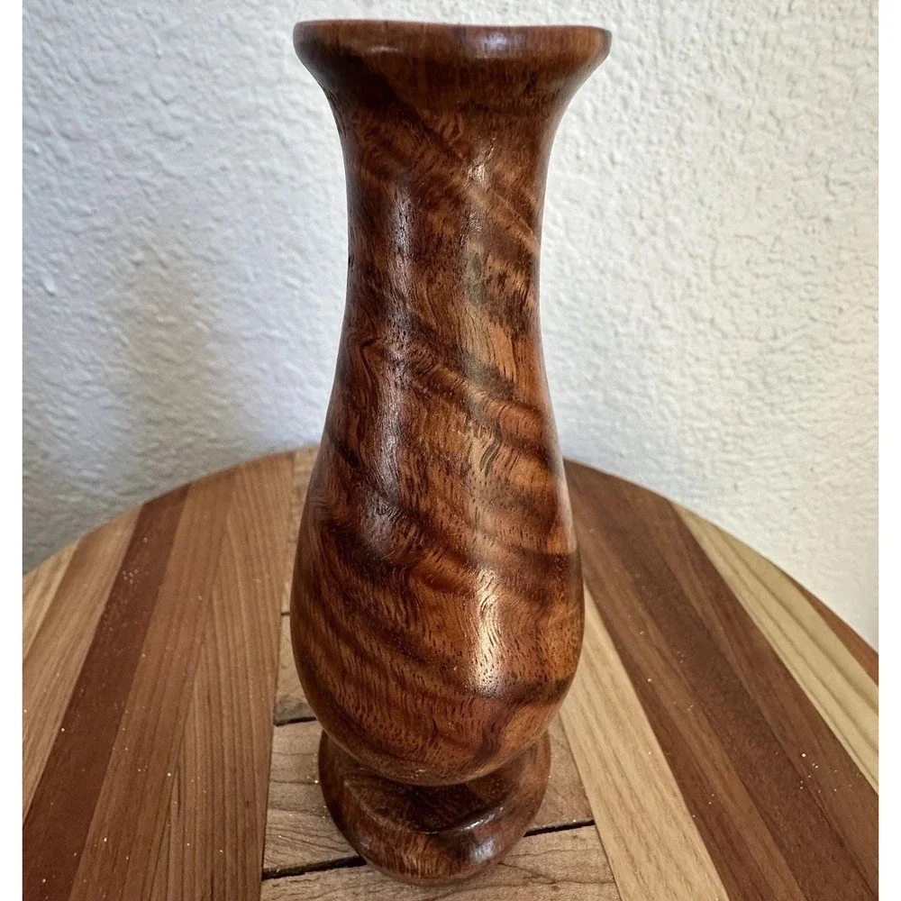 VTG Artisan Crafted Handmade Banded Wood Grain Vase 5.875 Inch Signed MCM Smooth